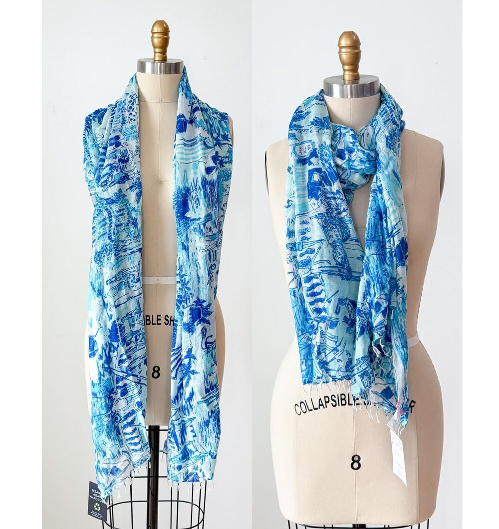 Lilly Pulitzer Silk & Cashmere Blue White Fresh Catch Print Scarf